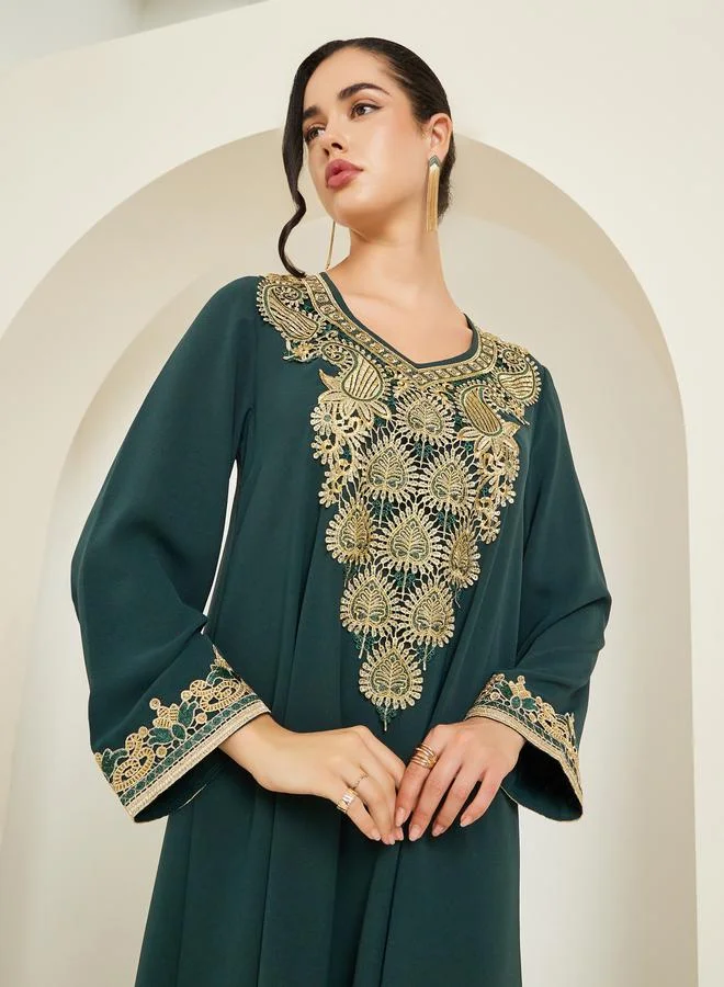 Amirah Women Emerald Green Jalabiya with Gold Embroidery